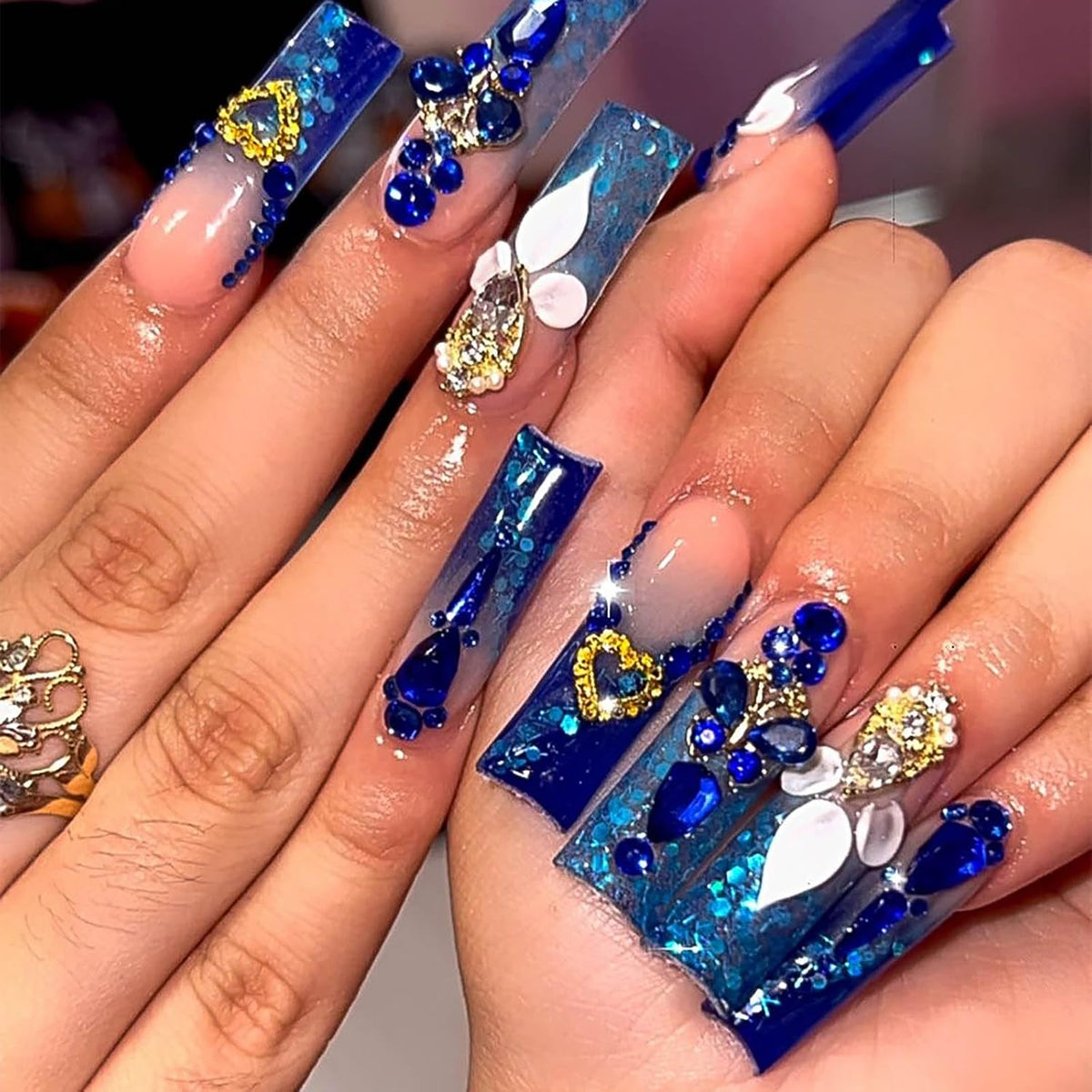 Long Press on Nails Navy Blue Coffin Fake Nails French Marble False Nails with Glitter Designs Rhinestones Glue on Nail Matte Stick on Artificial Nails for Women 24Pcs