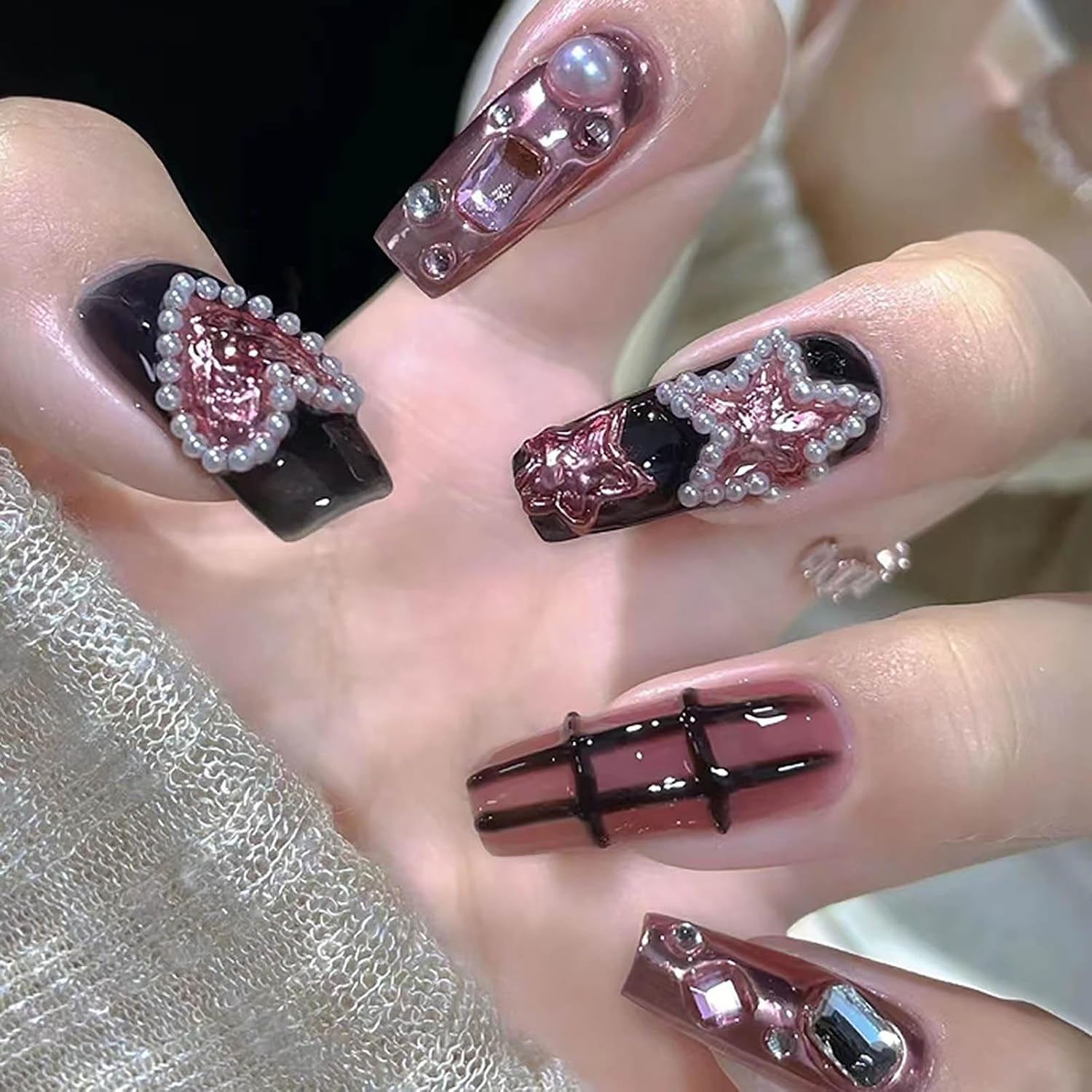 Long Press on Nails Navy Blue Coffin Fake Nails French Marble False Nails with Glitter Designs Rhinestones Glue on Nail Matte Stick on Artificial Nails for Women 24Pcs