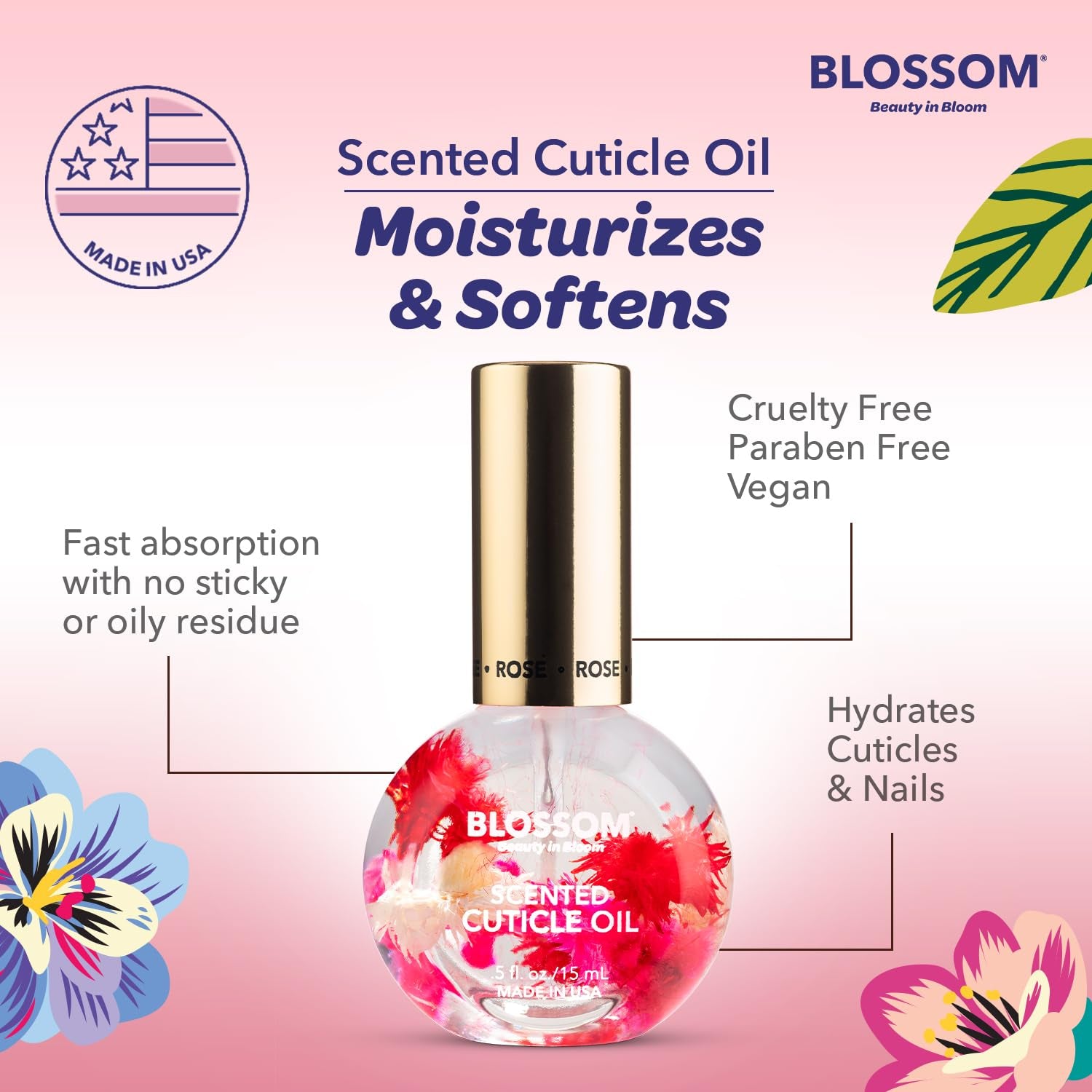 Cuticle Oil for Nails, Infused with Real Flowers, Rose, 0.5 Fl. Oz