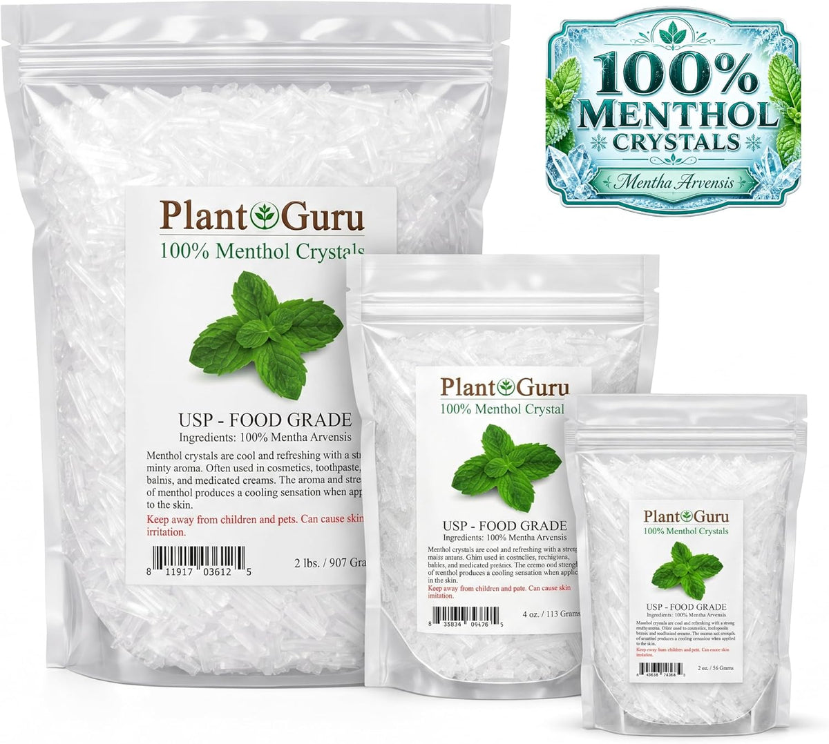 Menthol Crystals 8 Oz. Mentha Arvensis 100% Pure Natural USP Food Grade - Great for Cosmetics, Salves, Balms, Creams and Soap Making.