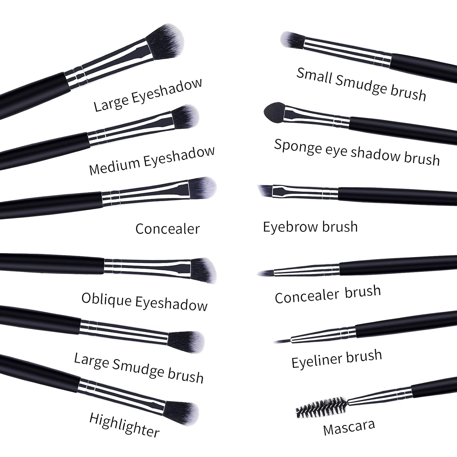 12-Piece Eye Makeup Brush Set - Soft Synthetic Hair & Long Wooden Handles for Perfect Eyeshadow, Eyeliner, Eyebrow & Blending (Black)