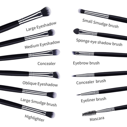 12-Piece Eye Makeup Brush Set - Soft Synthetic Hair & Long Wooden Handles for Perfect Eyeshadow, Eyeliner, Eyebrow & Blending (Black)