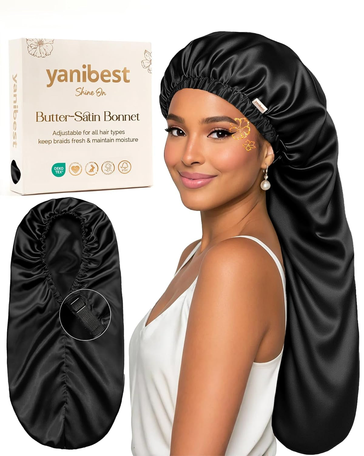 Adjustable Satin Sleep Bonnet, Double Layer Extra Long Hair Bonnet