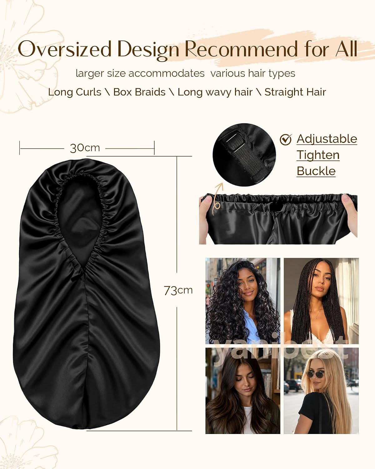 Adjustable Satin Sleep Bonnet, Double Layer Extra Long Hair Bonnet