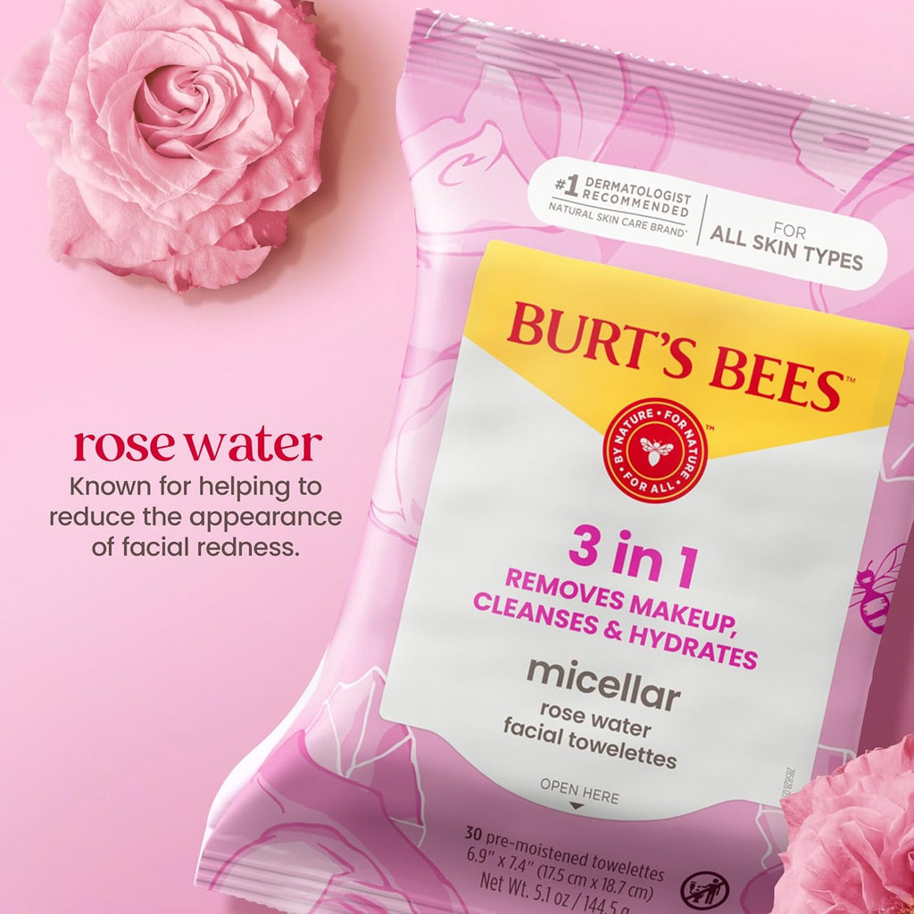 Burt’S Bees Micellar Rose Water Facial Towelettes, 30 Ct., 3 Pack