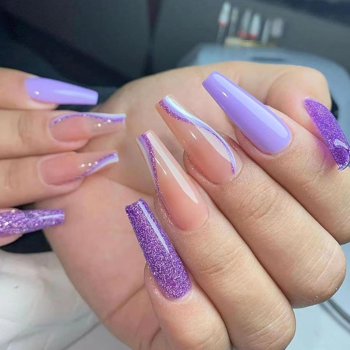 Long Press on Nails Navy Blue Coffin Fake Nails French Marble False Nails with Glitter Designs Rhinestones Glue on Nail Matte Stick on Artificial Nails for Women 24Pcs