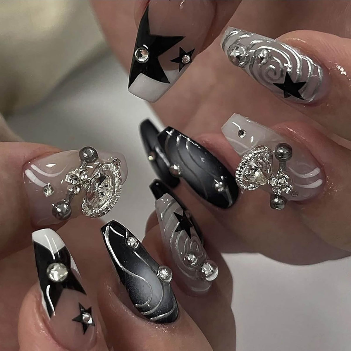 Long Press on Nails Navy Blue Coffin Fake Nails French Marble False Nails with Glitter Designs Rhinestones Glue on Nail Matte Stick on Artificial Nails for Women 24Pcs
