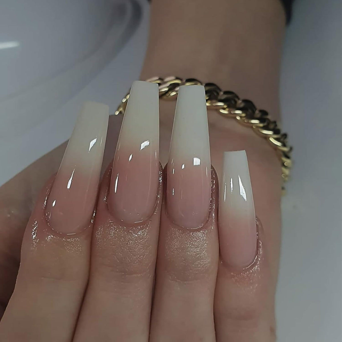 Long Press on Nails Navy Blue Coffin Fake Nails French Marble False Nails with Glitter Designs Rhinestones Glue on Nail Matte Stick on Artificial Nails for Women 24Pcs