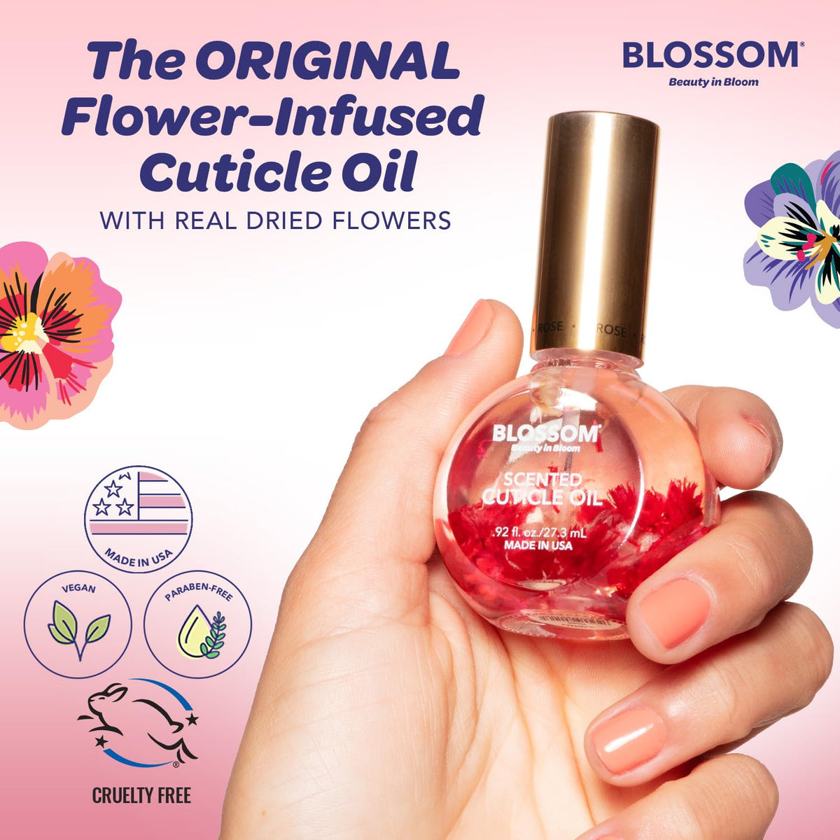 Cuticle Oil for Nails, Infused with Real Flowers, Rose, 0.5 Fl. Oz