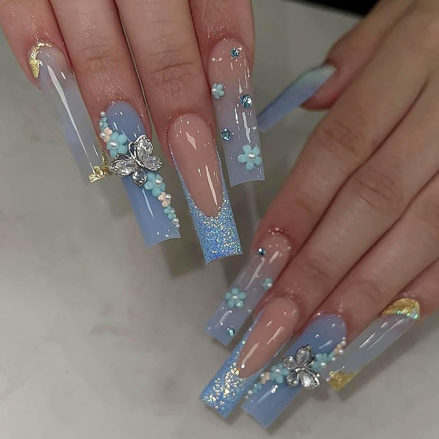 Long Press on Nails Navy Blue Coffin Fake Nails French Marble False Nails with Glitter Designs Rhinestones Glue on Nail Matte Stick on Artificial Nails for Women 24Pcs