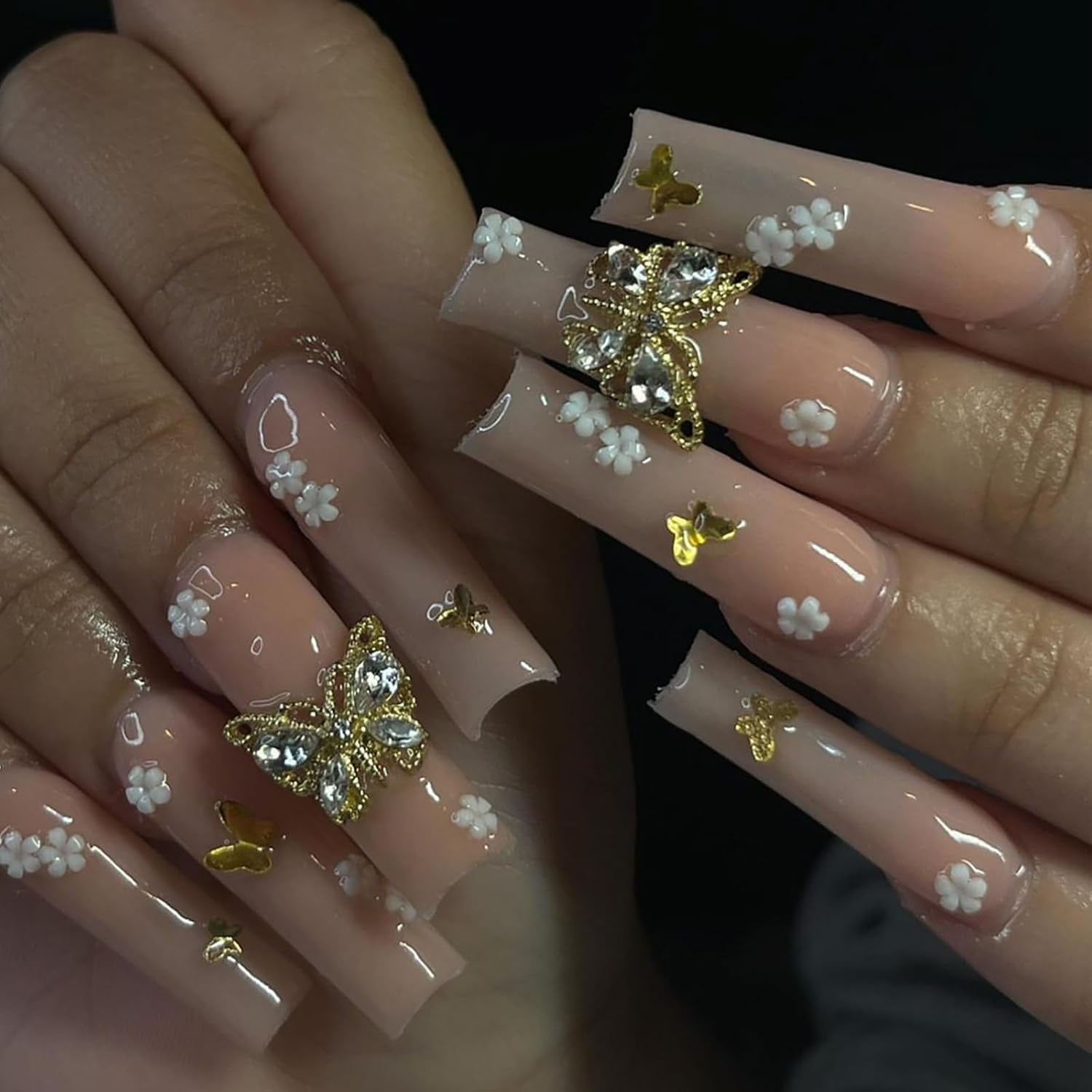 Long Press on Nails Navy Blue Coffin Fake Nails French Marble False Nails with Glitter Designs Rhinestones Glue on Nail Matte Stick on Artificial Nails for Women 24Pcs