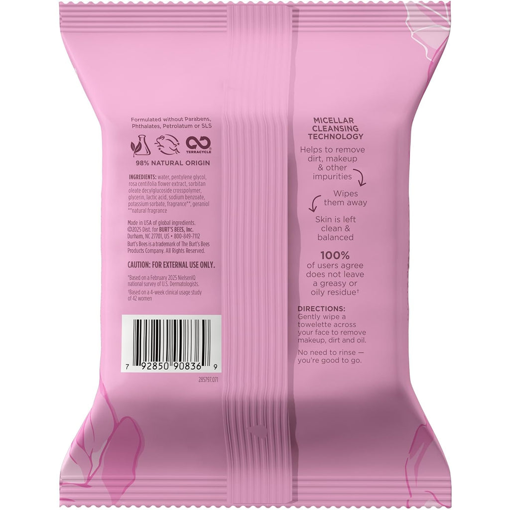 Burt’S Bees Micellar Rose Water Facial Towelettes, 30 Ct., 3 Pack