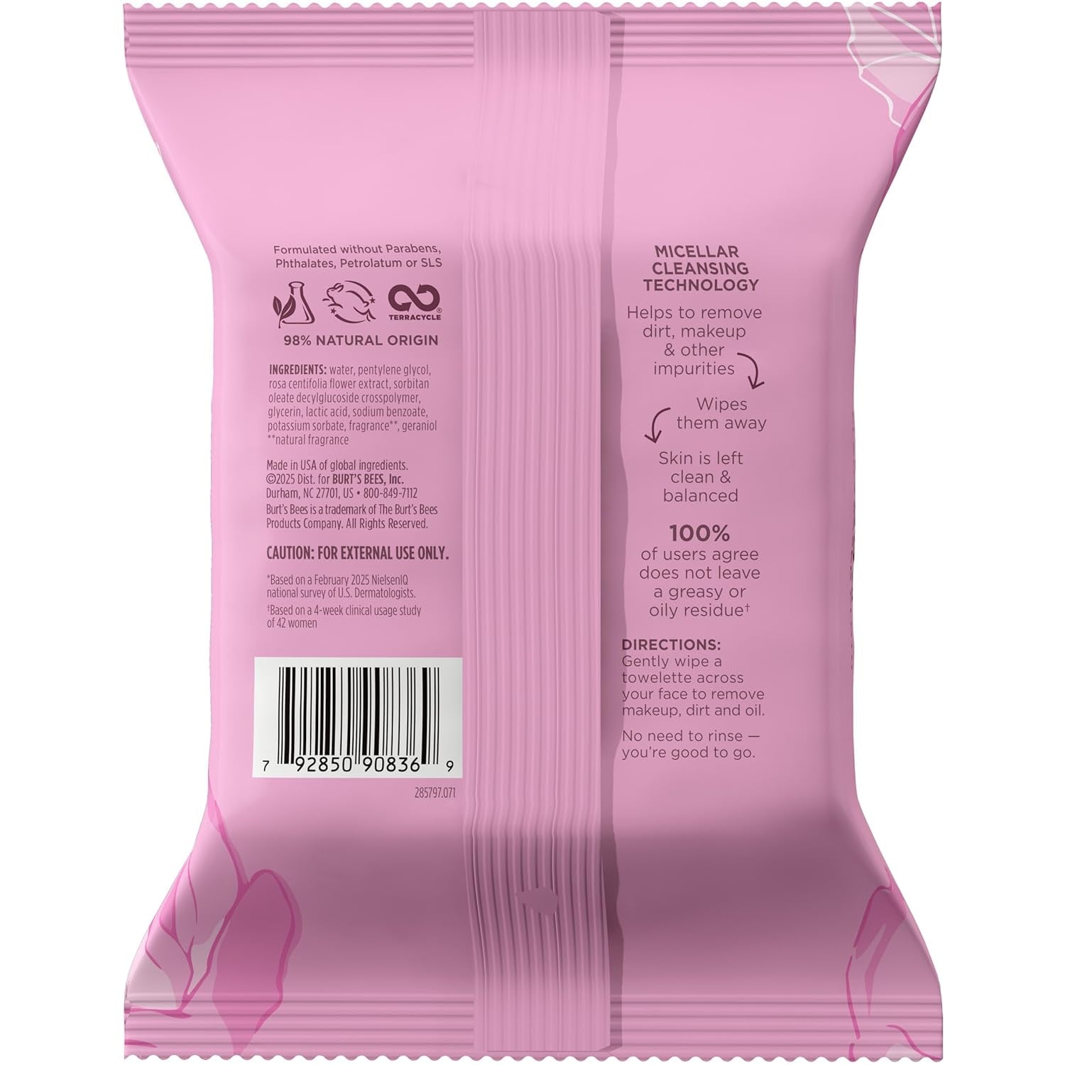 Burt’S Bees Micellar Rose Water Facial Towelettes, 30 Ct., 3 Pack