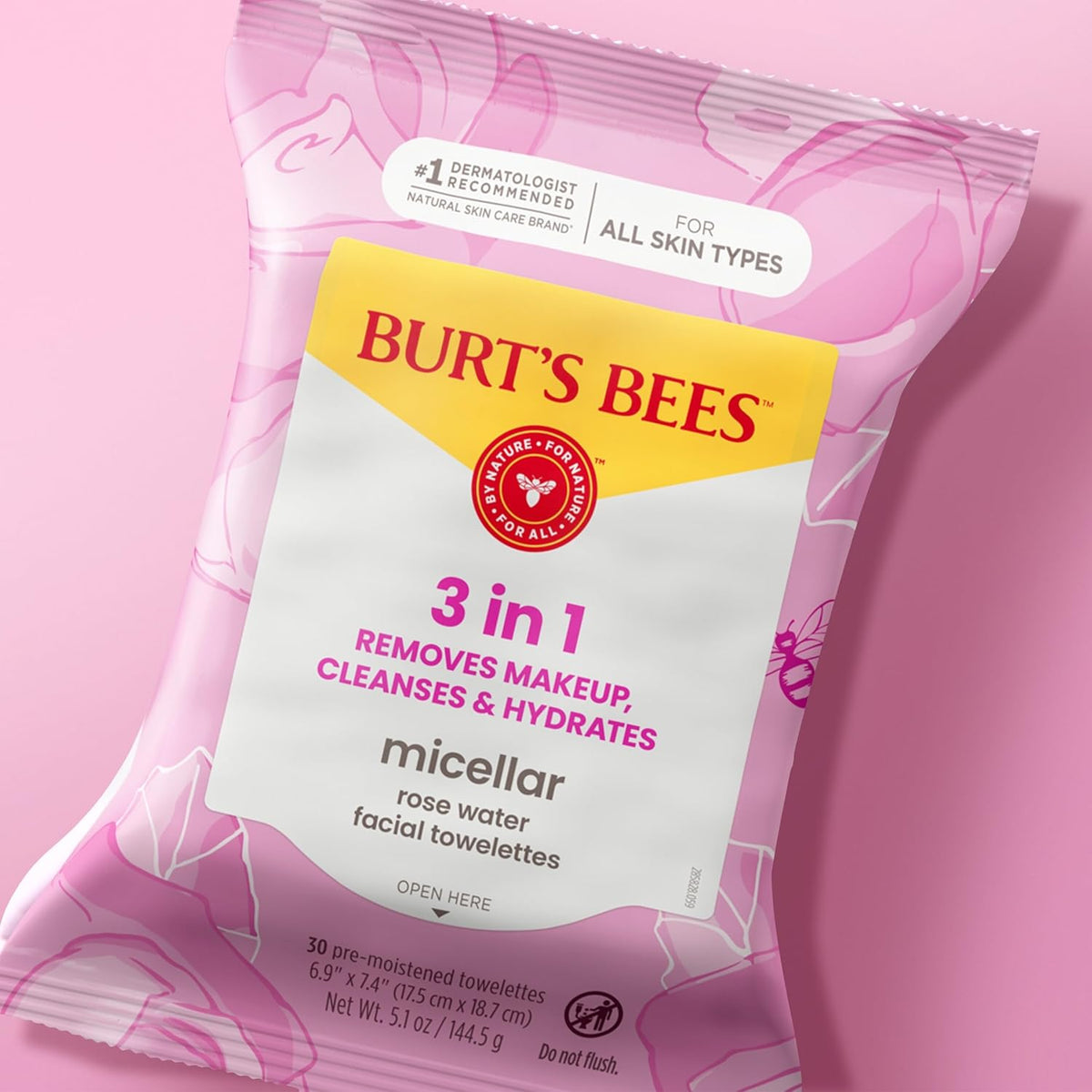 Burt’S Bees Micellar Rose Water Facial Towelettes, 30 Ct., 3 Pack