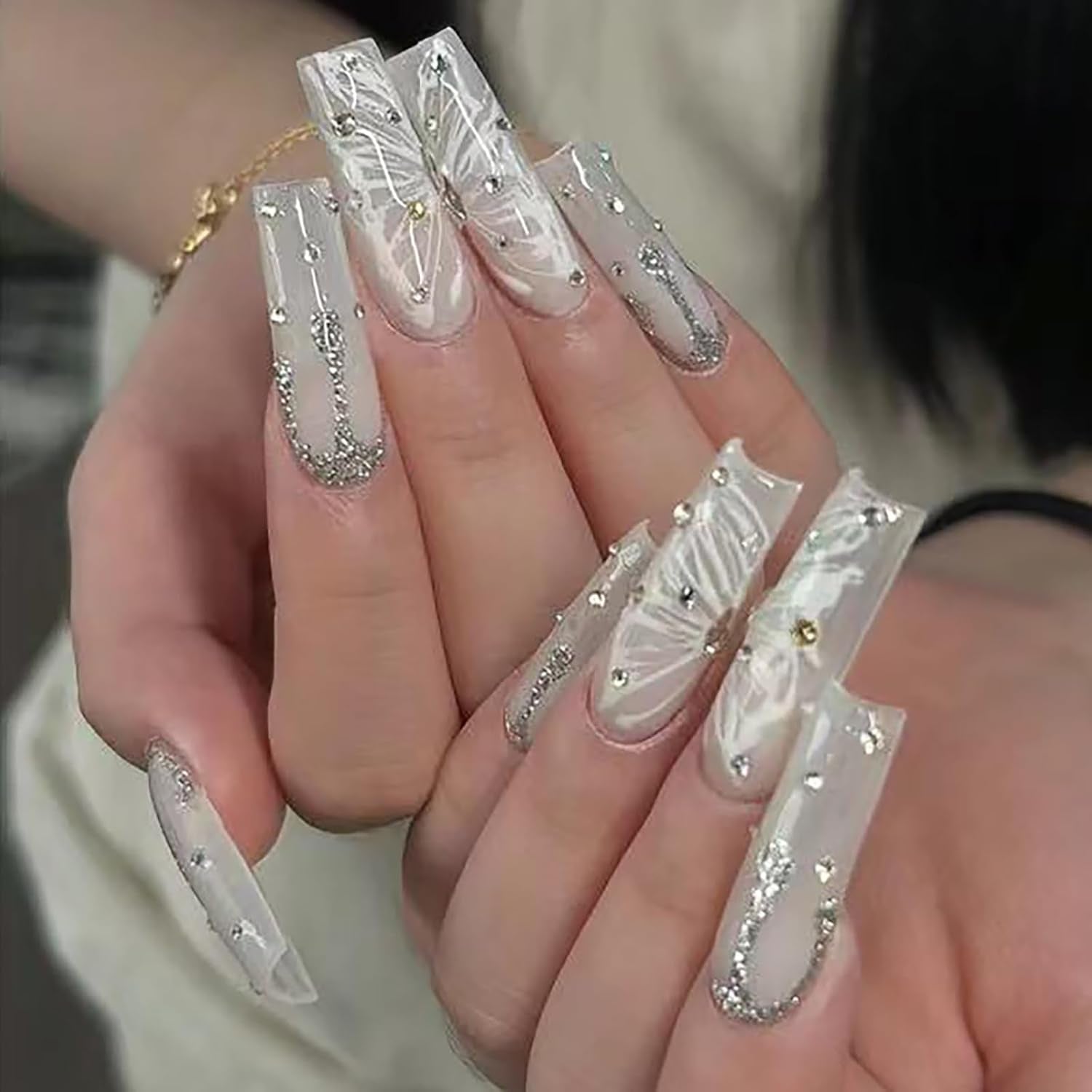 Long Press on Nails Navy Blue Coffin Fake Nails French Marble False Nails with Glitter Designs Rhinestones Glue on Nail Matte Stick on Artificial Nails for Women 24Pcs