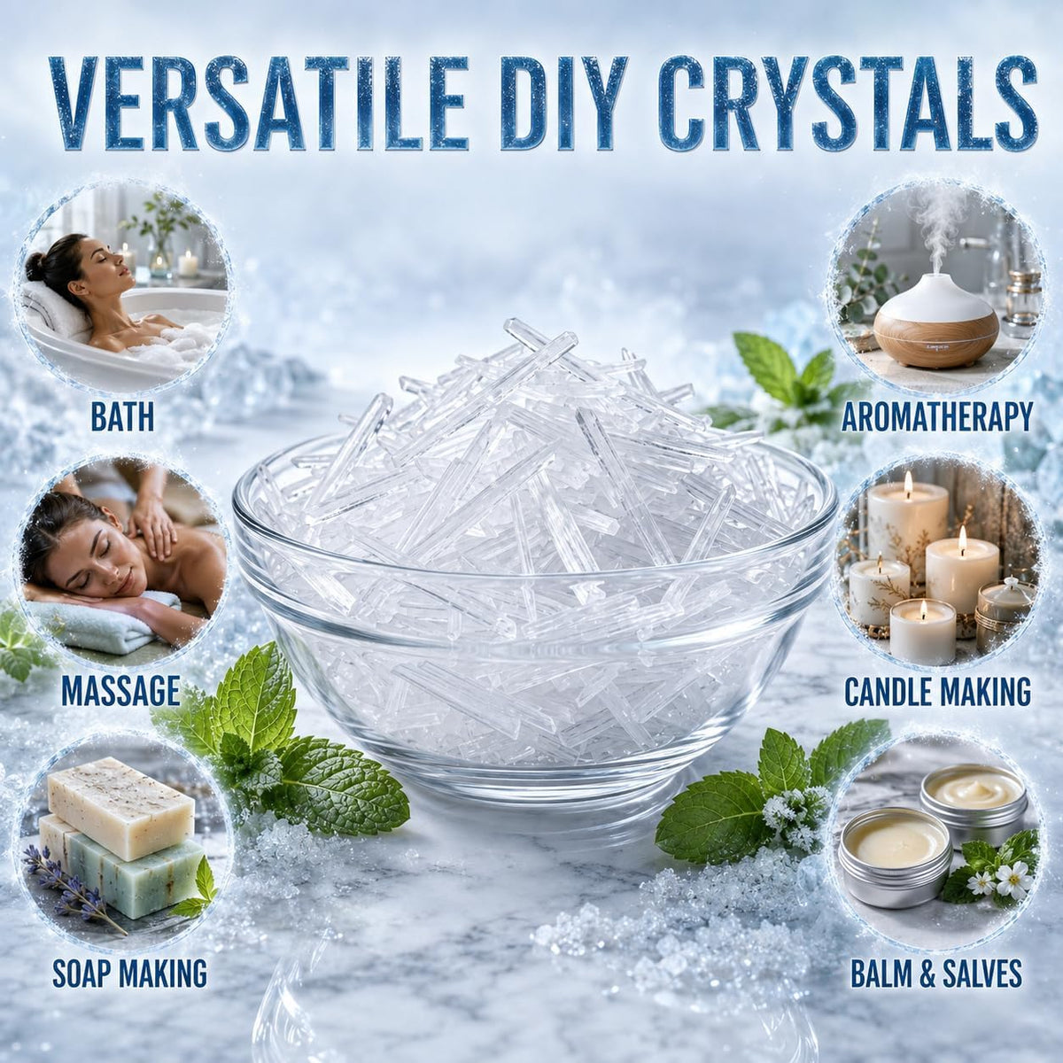 Menthol Crystals 8 Oz. Mentha Arvensis 100% Pure Natural USP Food Grade - Great for Cosmetics, Salves, Balms, Creams and Soap Making.