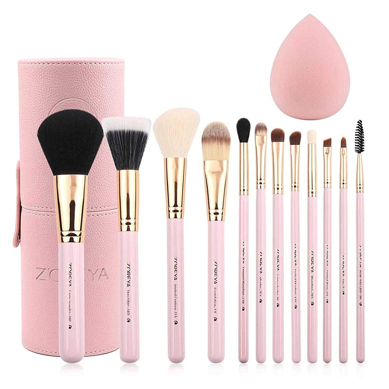 12-Piece Pink Makeup Brush Set - Travel-Friendly Organizer with Bonus Makeup Sponge for Flawless Application