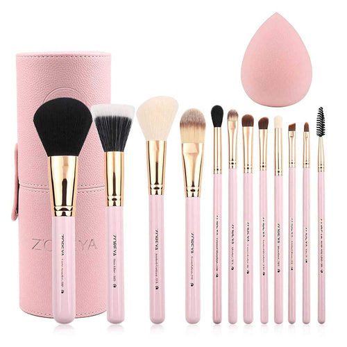 12-Piece Pink Makeup Brush Set - Travel-Friendly Organizer with Bonus Makeup Sponge for Flawless Application