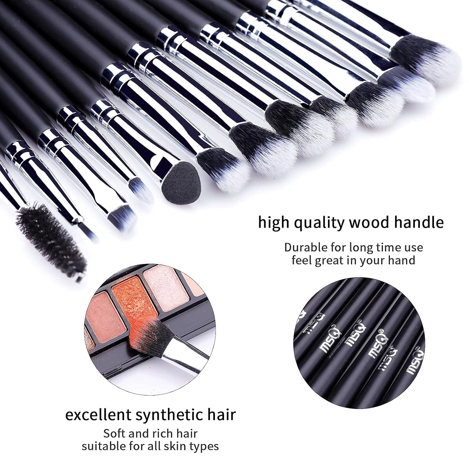 12-Piece Eye Makeup Brush Set - Soft Synthetic Hair & Long Wooden Handles for Perfect Eyeshadow, Eyeliner, Eyebrow & Blending (Black)
