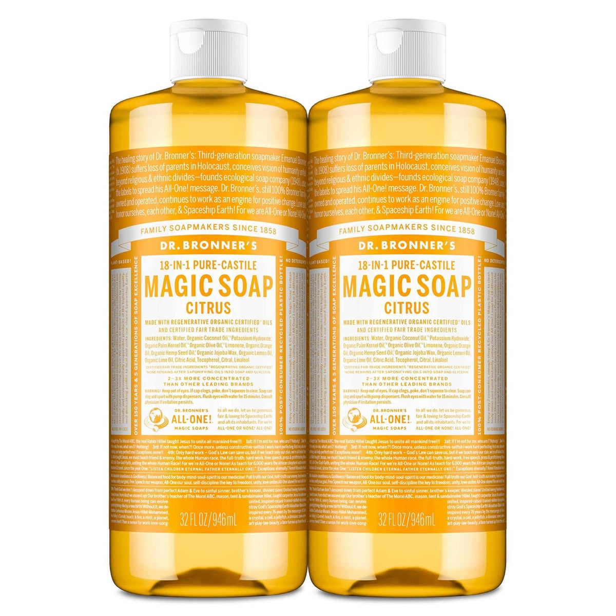 Citrus Pure-Castile Liquid Soap, Body Wash, 32 Oz 2-Pack