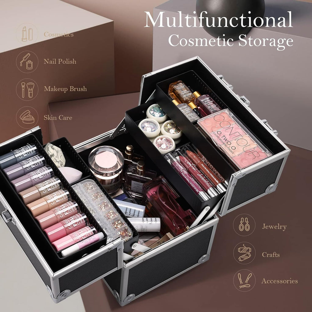 Makeup Train Case Cosmetic Organizer Case Professional Makeup Storage Box 4 Trays with Divider Lockable Travel Case Portable Travel Makeup Box for Makeup Artist, Carfter, Cosmetics Black